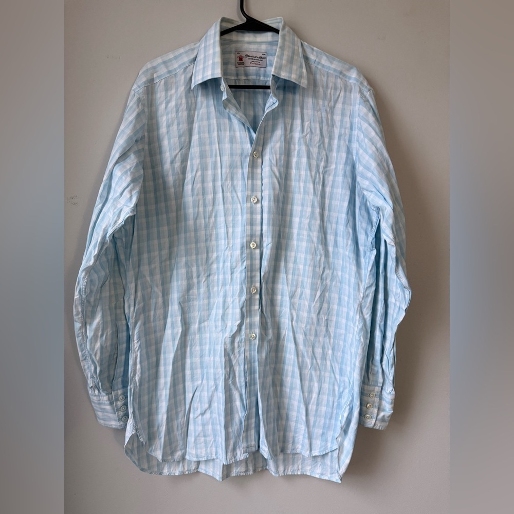 Turnbull & Asser Exclusive Button Down Sky Blue White Checkered Plaid Shirt L
